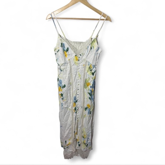 Anthropologie Lace Slip Dress 100% Viscose Size 2 US Floral Yellow Blue - Picture 4 of 9
